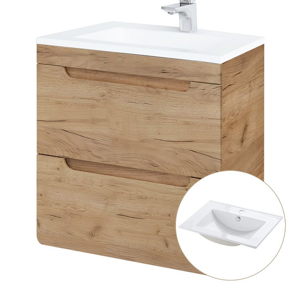 Lomadox Waschtisch LUTON-56-CRAFT, 61 cm mit Keramikbecken Wotan Eiche Nb. B/H/T ca. 61/60,8/46 cm – Bild 3 von 5