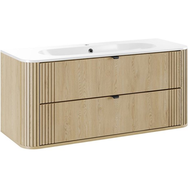 Lomadox Waschtisch OLIVA-56, Eiche gerillt 120 cm Metallgriffe Softclose Mineralguss Waschbecken