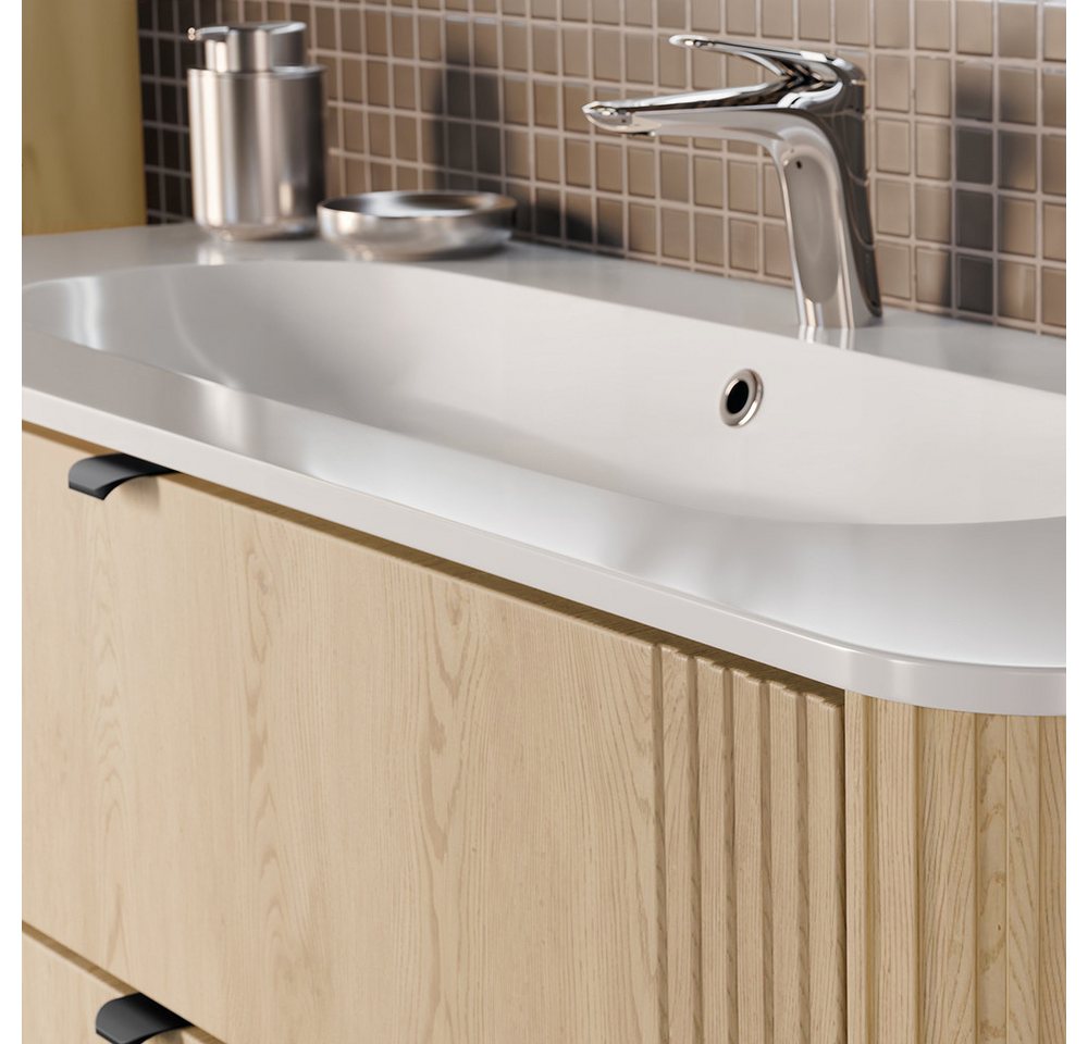 Lomadox Waschtisch OLIVA-56, Eiche gerillt 120 cm Metallgriffe Softclose Mineralguss Waschbecken – Bild 2 von 5