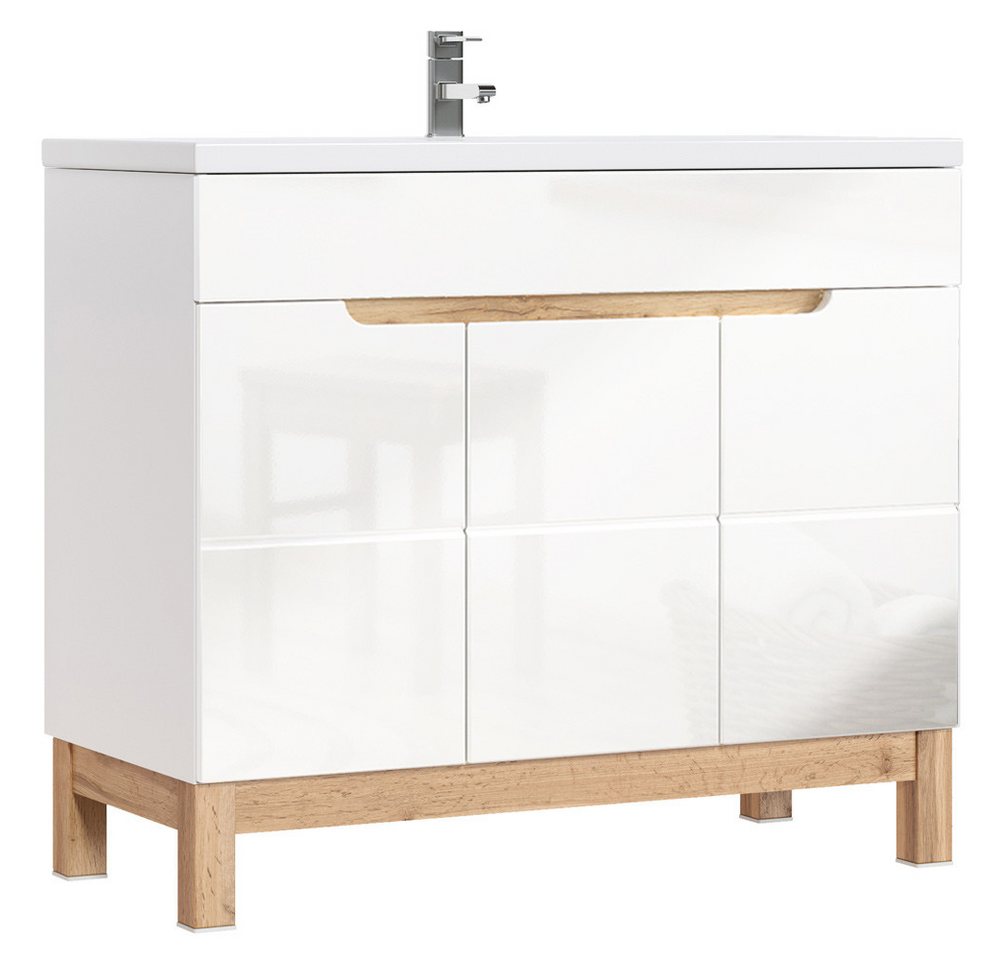 Lomadox Waschtisch SOLNA-56, weiß Wotaneiche 100x85x46cm – Bild 3 von 5