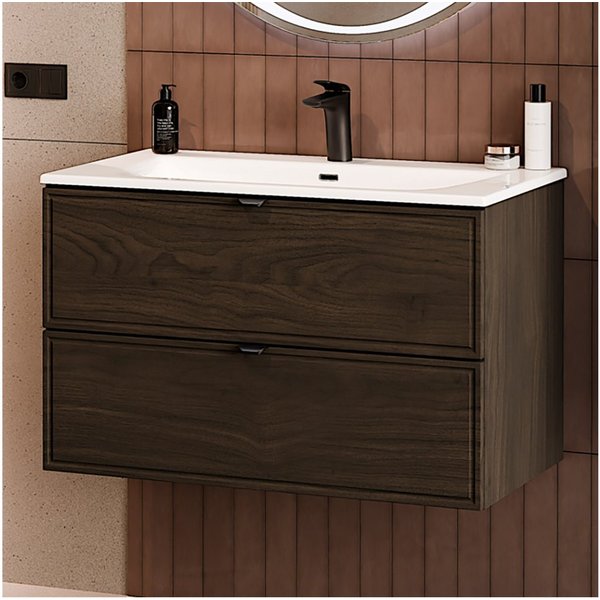 Lomadox Waschtisch TEMUCO-56-WALNUT, 80 cm breit in Walnuss mit Rahmenfräsung, wandhängend