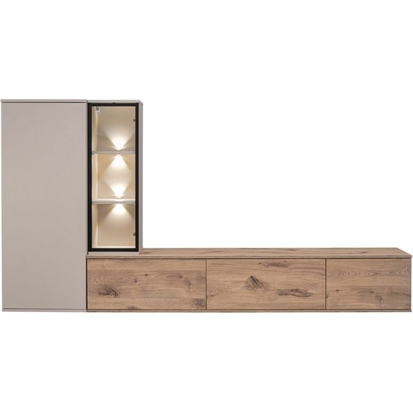 Lomadox Wohnwand CLINTON-164, (Lowboard Kommode Highboard), Eiche Dekor Kaschmir Beige 240 cm Push-to-open LED Beleuchtung