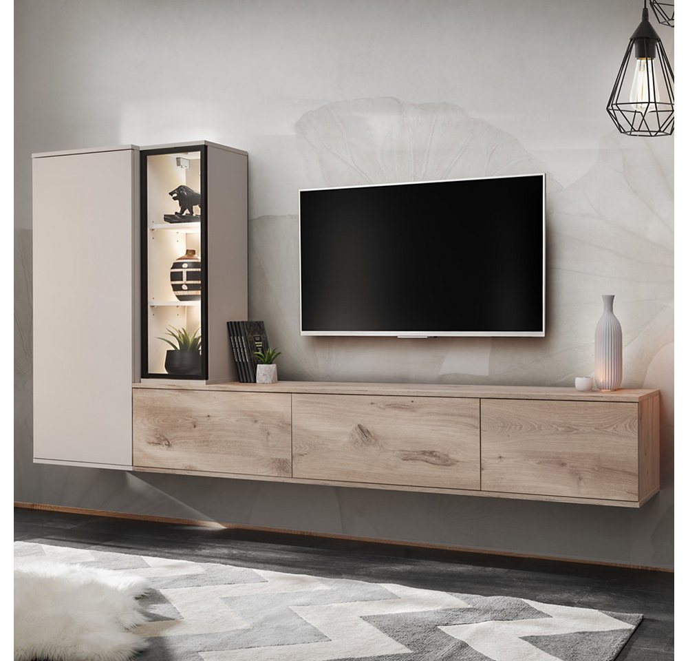 Lomadox Wohnwand CLINTON-164, (Lowboard Kommode Highboard), Eiche Dekor Kaschmir Beige 240 cm Push-to-open LED Beleuchtung – Bild 2 von 5