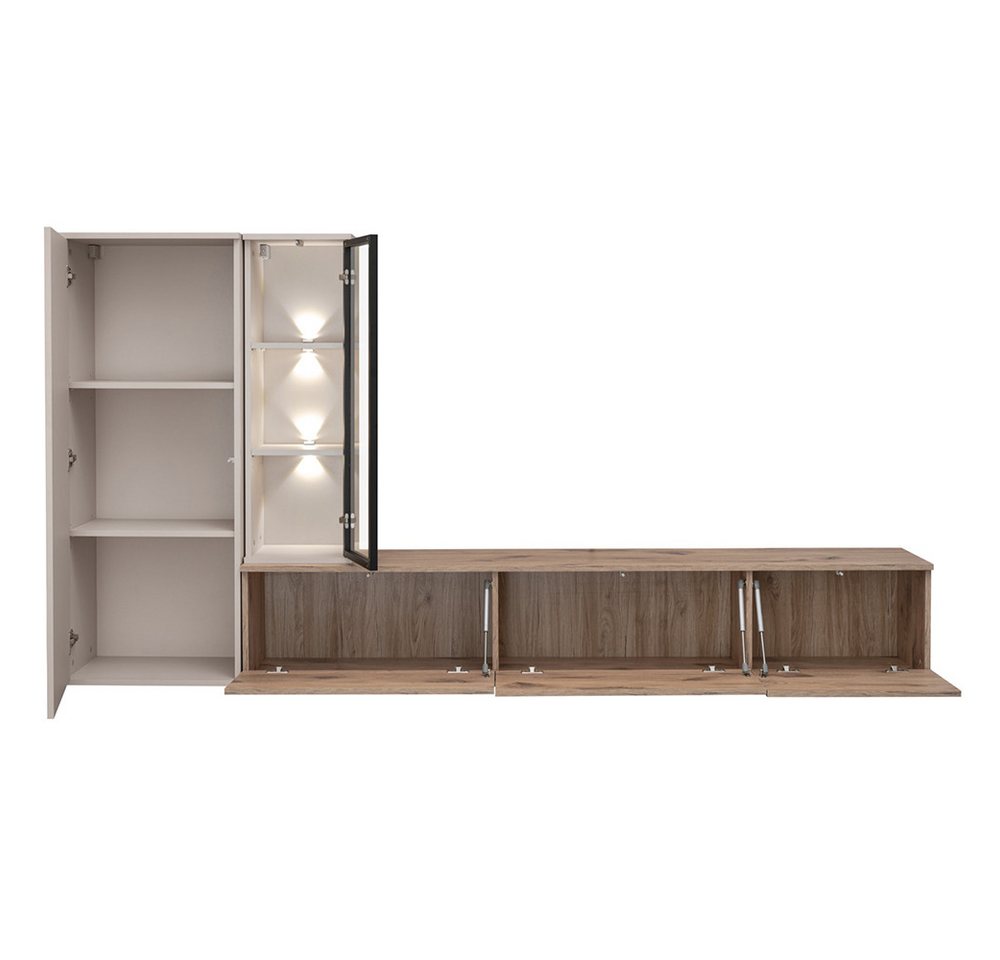 Lomadox Wohnwand CLINTON-164, (Lowboard Kommode Highboard), Eiche Dekor Kaschmir Beige 240 cm Push-to-open LED Beleuchtung – Bild 4 von 5