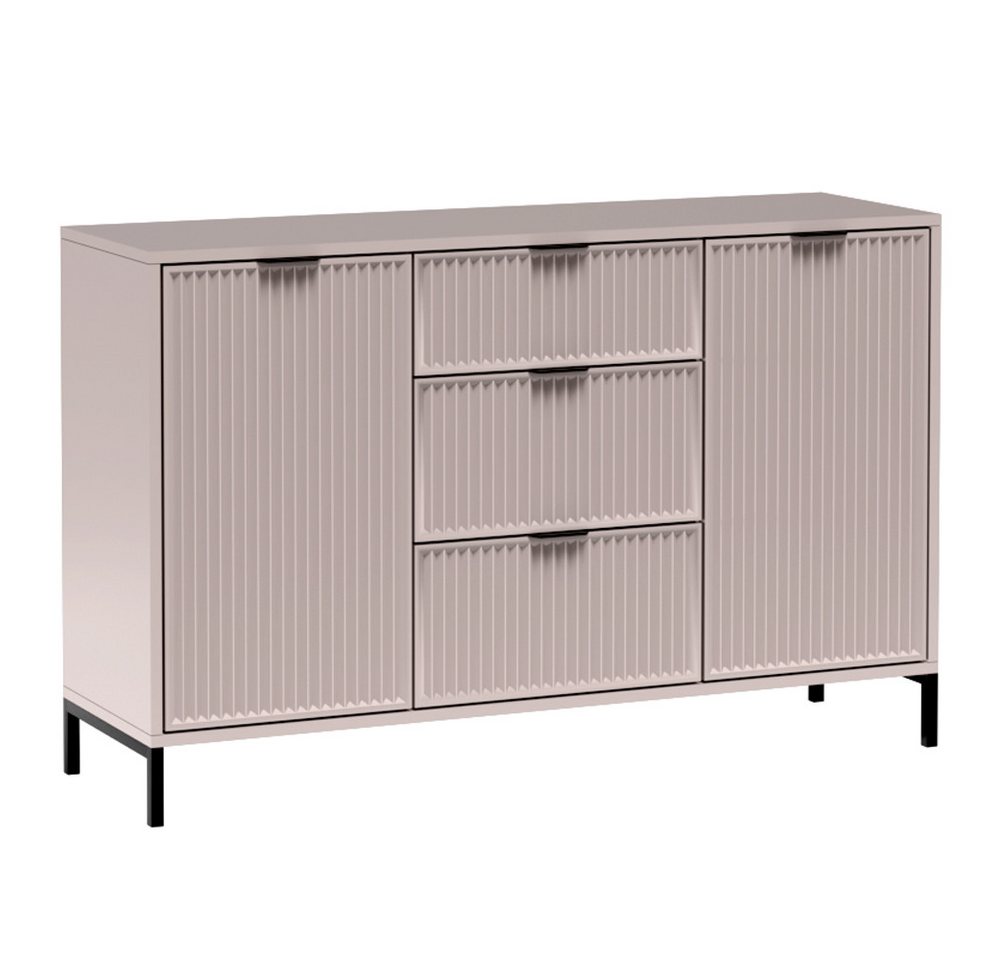 Lomadox Wohnwand LAURO-161, (5-St., Kommode Vitrine Wandregal Lowboard Highboard Couchtisch), Wohnzimmer Set Kaschmir beige modern mit Rillenoptik und Beleuchtu – Bild 4 von 5