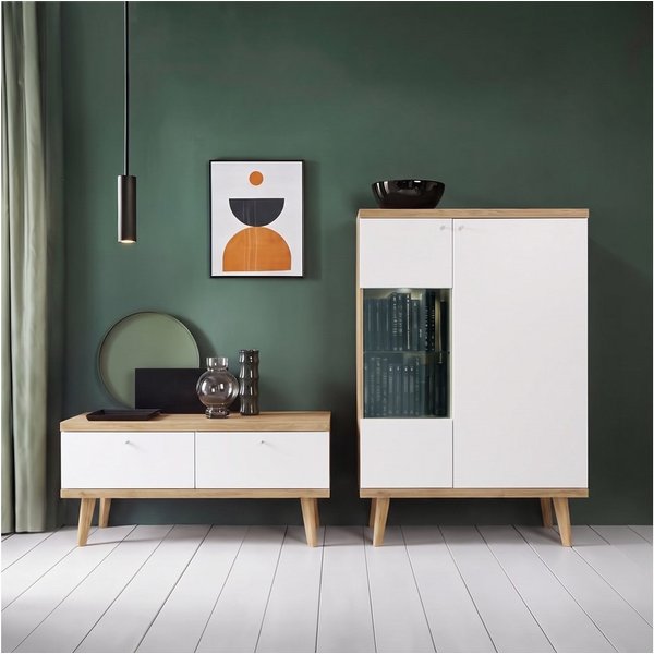 Lomadox Wohnwand POSITANO-160, (2-St., Lowboard Highboard), in Weiß mit Eiche, inkl. Beleuchtung, Retro-Design