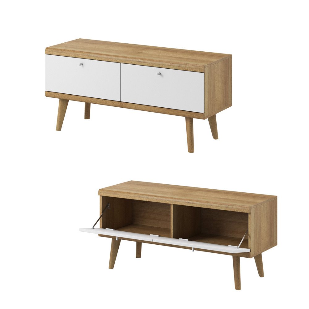 Lomadox Wohnwand POSITANO-160, (2-St., Lowboard Highboard), in Weiß mit Eiche, inkl. Beleuchtung, Retro-Design – Bild 5 von 5