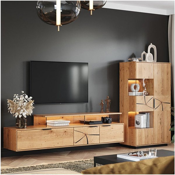 Lomadox Wohnwand TIVAT-163, (2-St., Lowboard Highboard), Eiche massiv geölt inkl. LED-Beleuchtung, Front mit Hirnholzelementen