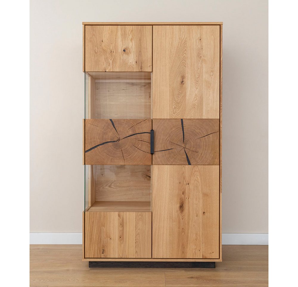 Lomadox Wohnwand TIVAT-163, (2-St., Lowboard Highboard), Eiche massiv geölt inkl. LED-Beleuchtung, Front mit Hirnholzelementen – Bild 3 von 5