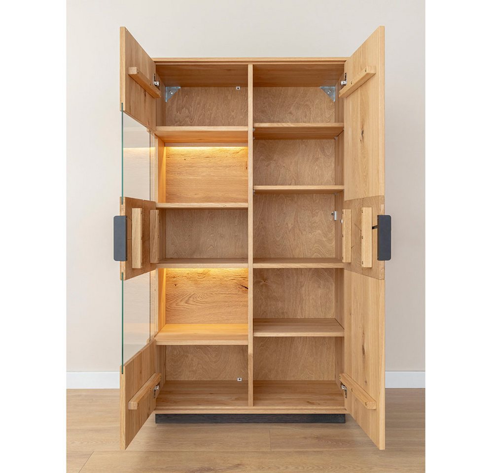 Lomadox Wohnwand TIVAT-163, (2-St., Lowboard Highboard), Eiche massiv geölt inkl. LED-Beleuchtung, Front mit Hirnholzelementen – Bild 4 von 5