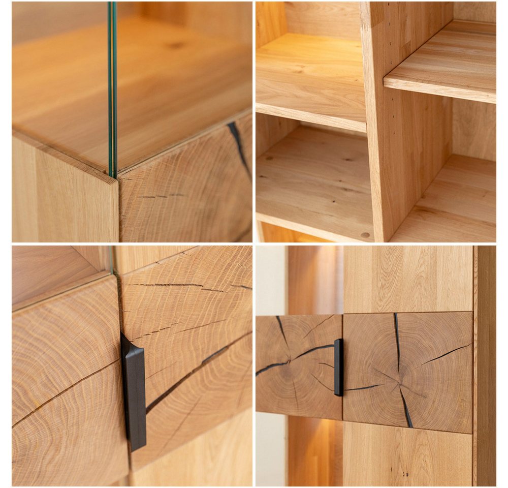 Lomadox Wohnwand TIVAT-163, (2-St., Lowboard Highboard), Eiche massiv geölt inkl. LED-Beleuchtung, Front mit Hirnholzelementen – Bild 5 von 5