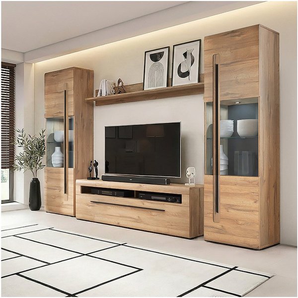 Lomadox Wohnwand TURDA-83, (4-St., Couchtisch Highboard Lowboard Sideboard Vitrine Wandregal), Eiche braun Metallgriffe inkl. LED Beleuchtung Softclose-Türen mo