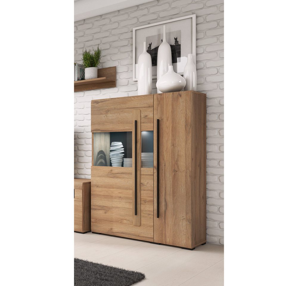 Lomadox Wohnwand TURDA-83, (2-St., Couchtisch Highboard Lowboard Sideboard Vitrine Wandregal), Eiche braun Metallgriffe inkl. LED Beleuchtung modern nachhaltig – Bild 4 von 5