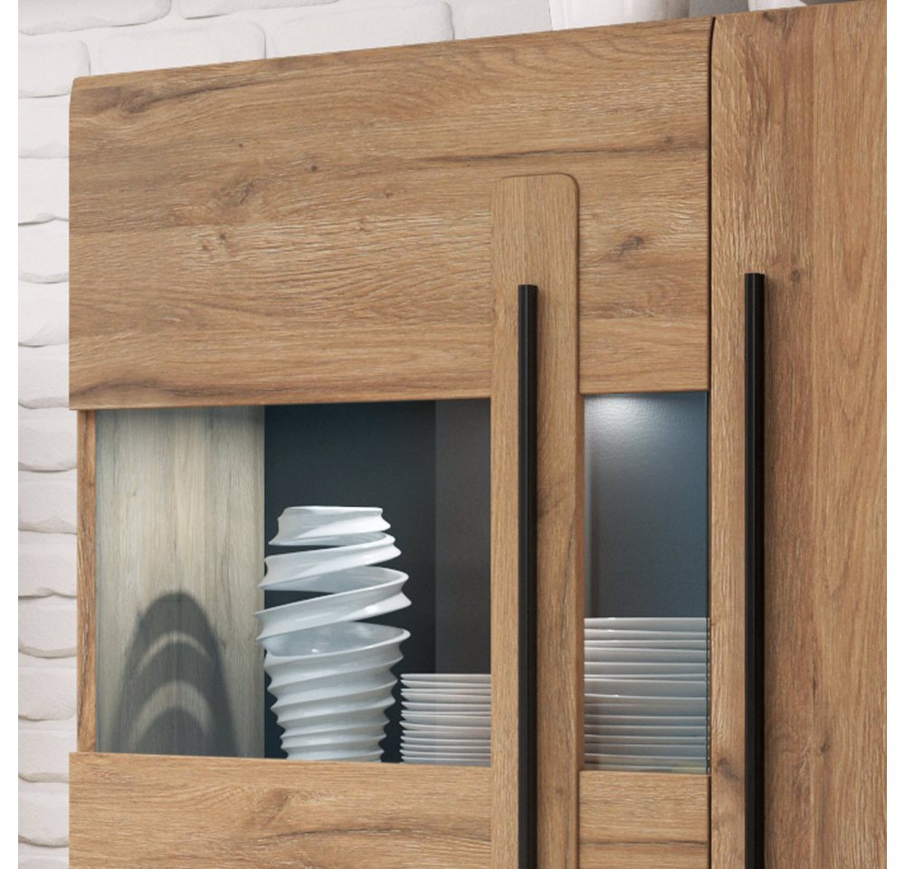 Lomadox Wohnwand TURDA-83, (2-St., Couchtisch Highboard Lowboard Sideboard Vitrine Wandregal), Eiche braun Metallgriffe inkl. LED Beleuchtung modern nachhaltig – Bild 5 von 5