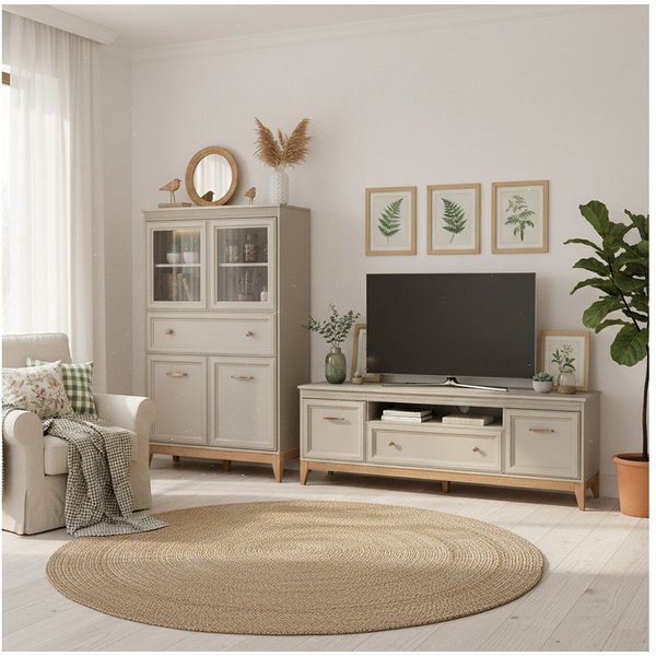 Lomadox Wohnwand WILNA-161, (2-St., Highboard Lowboard), Kaschmir, Massivholzfüße, Softclose-Funktion, Landhaus
