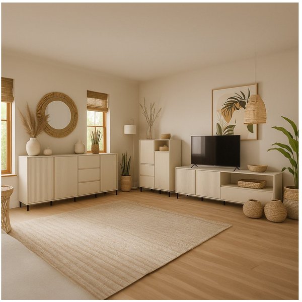 Lomadox Wohnzimmer-Set AMELIA-129, (Mega-Spar-Set, 3-St., Highboard Lowboard Sideboard), Sideboard Highboard Lowboard Kaschmir Rillen