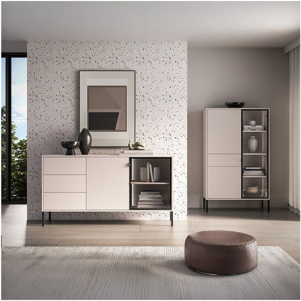 Lomadox Wohnzimmer-Set BANSIN-131, (Mega-Spar-Set, 2-St., Lowboard), in Kaschmir, grifflos, Glasfront mit schwarzen Rahmen, Softclose