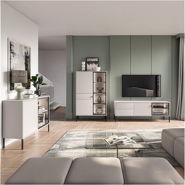 Lomadox Wohnzimmer-Set BANSIN-131, (Mega-Spar-Set, 3-St., Lowboard), in Kaschmir, LED-Beleuchtung, Glasfront mit Rahmen in schwarz
