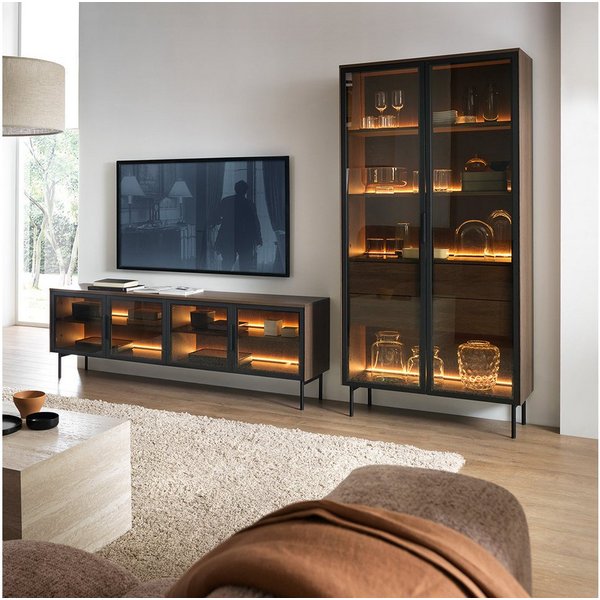 Lomadox Wohnzimmer-Set LEXINGTON-167, (Mega-Spar-Set, 2-St., Vitrine Lowboard inkl. LED-Beleuchtung), Eiche Nb. mit schwarz, viel Strauraum, LED-Beleuchtung