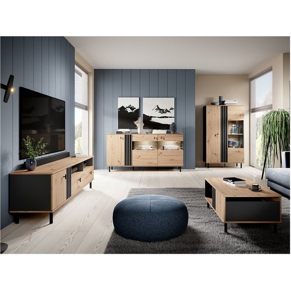 Lomadox Wohnzimmer-Set MATTAWA-167, (Mega-Spar-Set, 4-St., Couchtisch Highboard Lowboard Sideboard), Wohnwand, Eiche Dekor mit Couchtisch und Beleuchtung