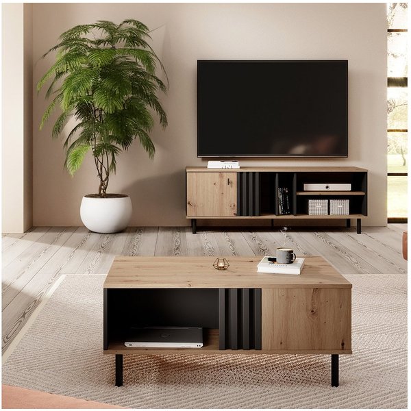 Lomadox Wohnzimmer-Set MATTAWA-167, (Mega-Spar-Set, 2-St., Couchtisch Lowboard), Wohnwand, Eiche Dekor mit Couchtisch und Beleuchtung