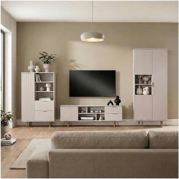 Lomadox Wohnzimmer-Set NADOR-132, (Mega-Spar-Set, 3-St., Lowboard Highboard Vitrine), Kaschmir mit goldfarbenen Metallgriffen und -füßen, Front Rillenoptik
