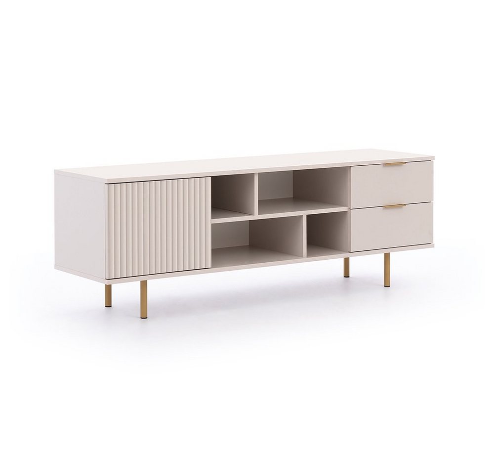 Lomadox Wohnzimmer-Set NADOR-132, (Mega-Spar-Set, 3-St., Lowboard Highboard Vitrine), Kaschmir mit goldfarbenen Metallgriffen und -füßen, Front Rillenoptik – Bild 2 von 5