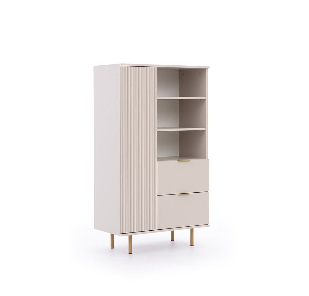 Lomadox Wohnzimmer-Set NADOR-132, (Mega-Spar-Set, 3-St., Lowboard Highboard Vitrine), Kaschmir mit goldfarbenen Metallgriffen und -füßen, Front Rillenoptik – Bild 4 von 5