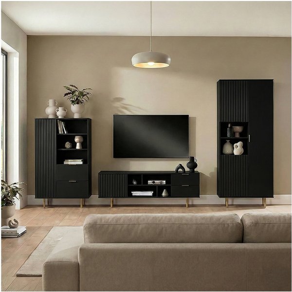 Lomadox Wohnzimmer-Set NADOR-132, (Mega-Spar-Set, 3-St., Highboard Lowboard Vitrine), matt schwarz, goldfarbenen Metallgriffen und -füßen, Front Rillenoptik