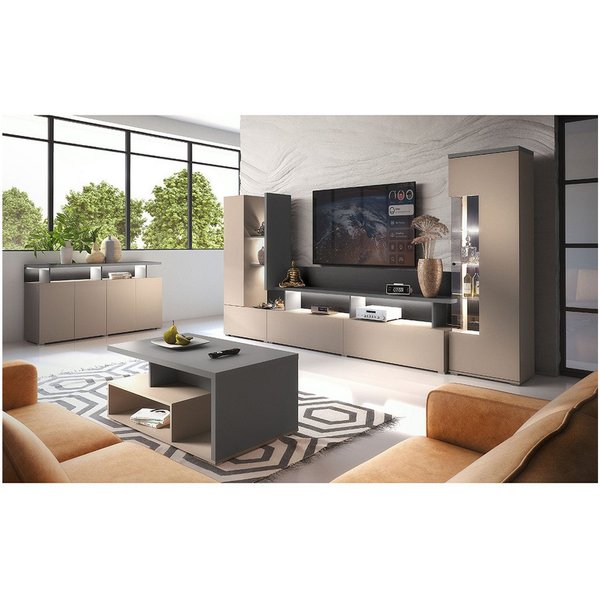 Lomadox Wohnzimmer-Set SELCE-83, (Mega-Spar-Set, 4-St., Vitrine Wohnwand Couchtisch Sideboard), in beige mit anthrazit, modern, 4-teilig
