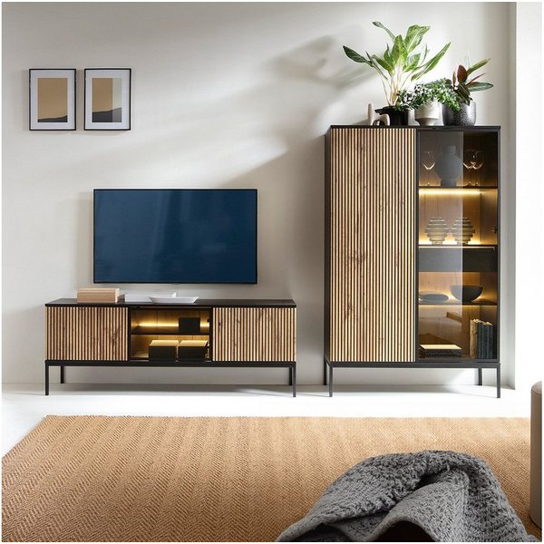 Lomadox Wohnzimmer-Set SIBARI-160, (Mega-Spar-Set, 2-St., 2-tlg), Sideboard, TV-Lowboard, schwarz, Wotan Eiche Nb., grifflos