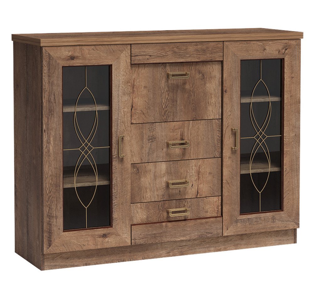 Lomadox Wohnzimmer-Set TEORA-161, (Mega-Spar-Set, 3-St., Vitrinenschrank Lowboard Sideboard), in Lefkas Eiche Vitrinentüren mit Verzierung rustikal Metallgriffe – Bild 3 von 5