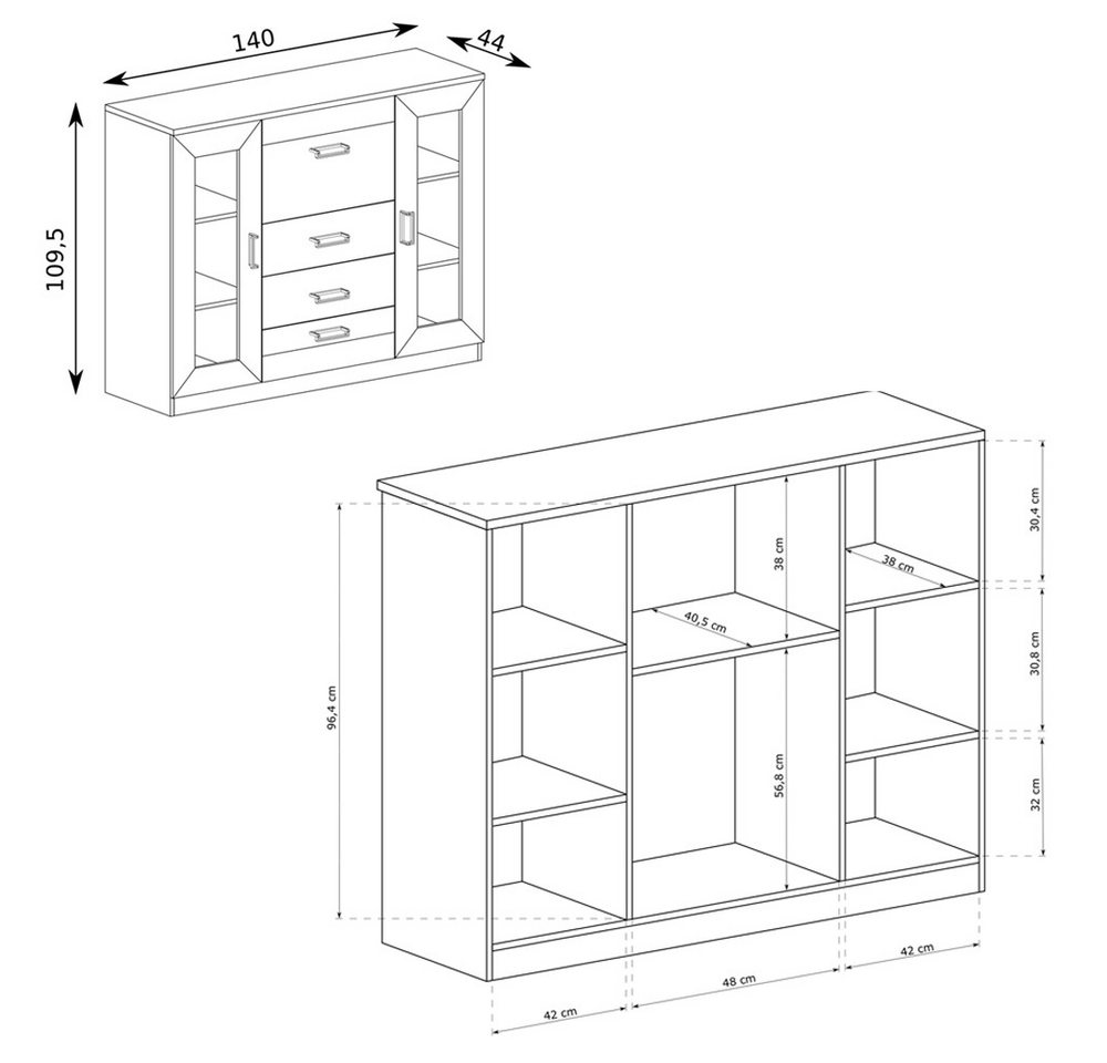 Lomadox Wohnzimmer-Set TEORA-161, (Mega-Spar-Set, 3-St., Vitrinenschrank Lowboard Sideboard), in Lefkas Eiche Vitrinentüren mit Verzierung rustikal Metallgriffe – Bild 4 von 5