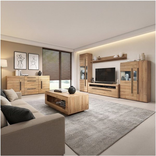 Lomadox Wohnzimmer-Set TURDA-83, (Mega-Spar-Set, 6-St., Couchtisch Highboard Lowboard Sideboard Vitrine Wandregal), Eiche Metallgriffe inkl. LED Beleuchtung Tür