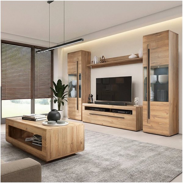 Lomadox Wohnzimmer-Set TURDA-83, (Mega-Spar-Set, 5-St., Couchtisch Highboard Lowboard Sideboard Vitrine Wandregal), Eiche braun Metallgriffe TV-Wand inkl. LED B