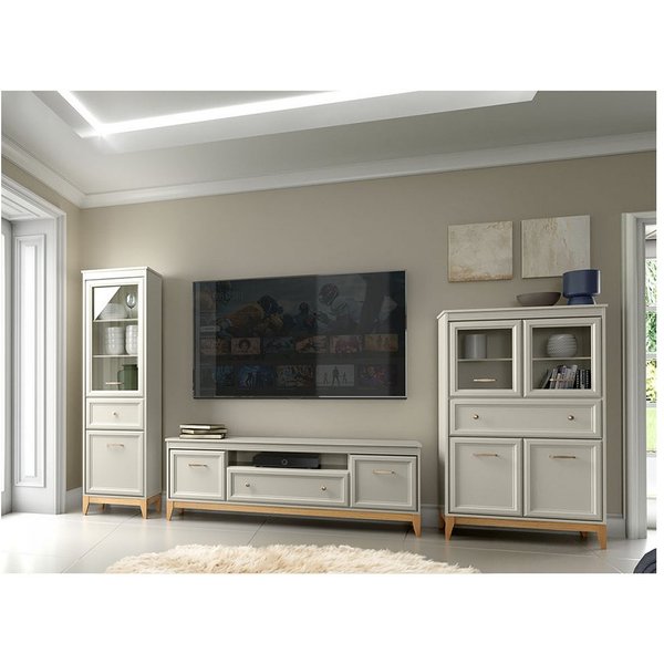 Lomadox Wohnzimmer-Set WILNA-161, (Mega-Spar-Set, 3-St., Vitrine Lowboard), in Kaschmir, Massivholz Füße, Rahmenfront mit Profilfräsung, Softclose
