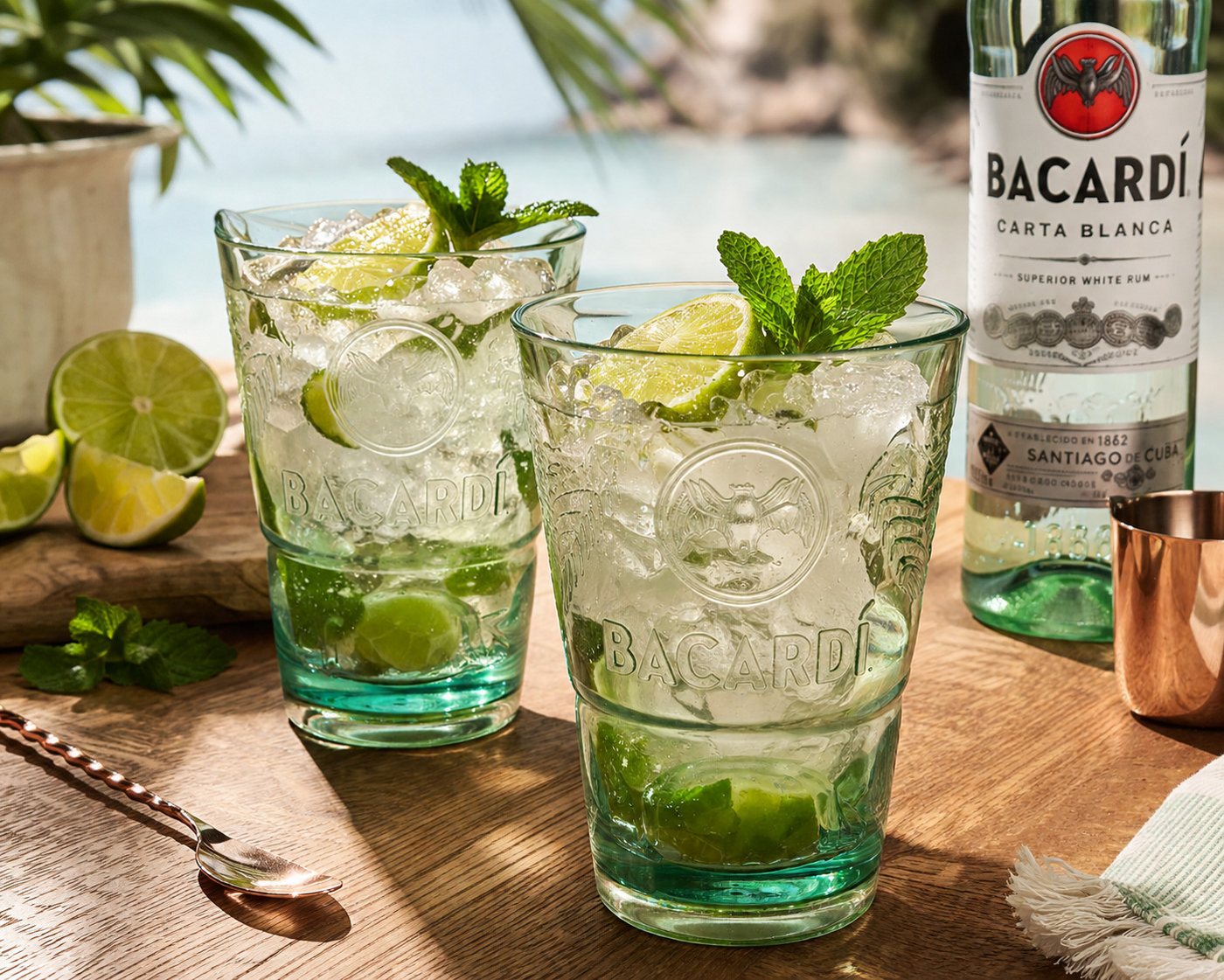 Bacardi Longdrinkglas Bacardi Kunststoffgläser 2er Set – Longdrinkgläser grün transparent, 2-tlg., Cocktailgläser für Mojito, Cuba Libre & Rum Drinks – Bild 2 von 2