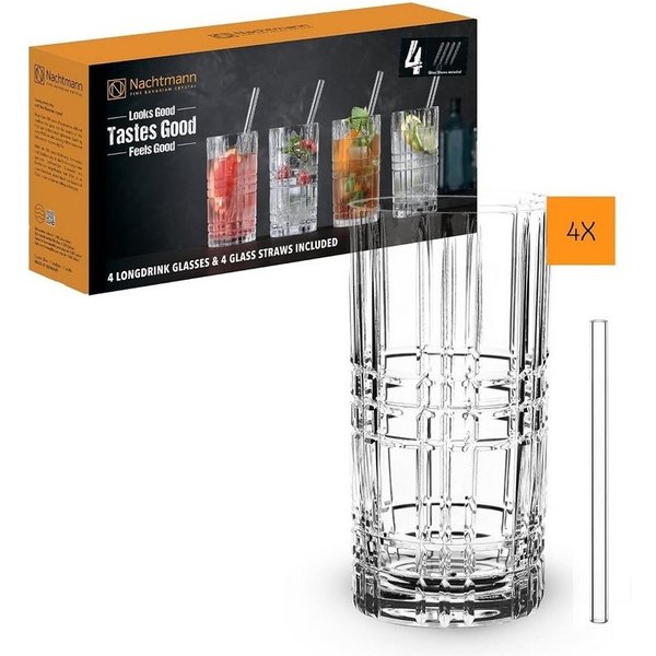 Nachtmann Longdrinkglas Nachtmann Square Longdrink 445ml 4er Set + Trinkhalme, Kristallglas
