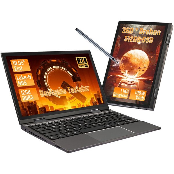 LONGEVINCE 10,95'' 2-in-1 N95 Laptop, DDR5, Touchscreen Notebook (27,81 cm/10.95 Zoll, Intel, 12 GB, 512 GB SSD, 360° Drehbar, Touchscreen & Stift, Windows 11 P