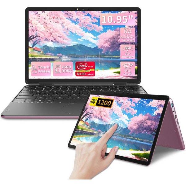 LONGEVINCE 2-in-1 Touchscreen Laptop 10,95", 16GB RAM Notebook (27,81 cm/10,95 Zoll, Intel, Intel UHD Graphics, 16 GB, 256 GB SSD, 360° Convertible, Intel N100,
