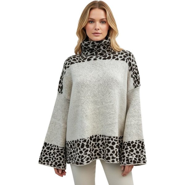 Worldclassca Longpullover WORLDCLASSCA Damen Oversize Strickpulllover Lang Uni + Leopard Muster Neue Kollektion - Stilvolle und gemütliche Strickmode für Damen