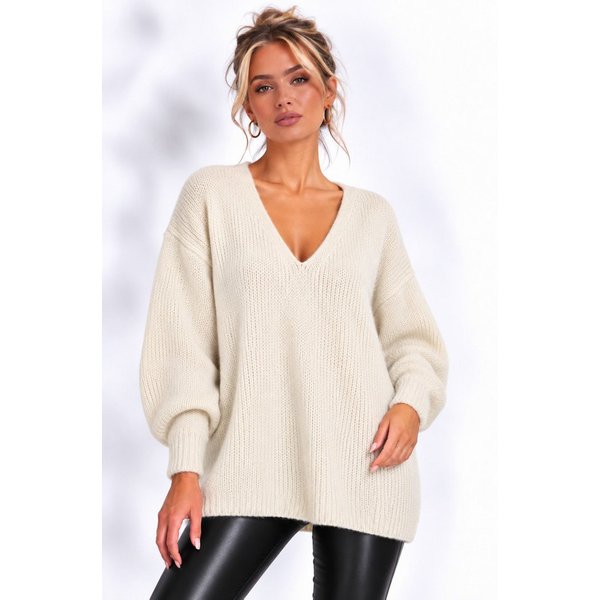Worldclassca Longpullover WORLDCLASSCA Damen Oversize Strickpulllover Lang Pulli V-Ausschnitt Neue Kollektion - Stilvolle und gemütliche Strickmode für Damen