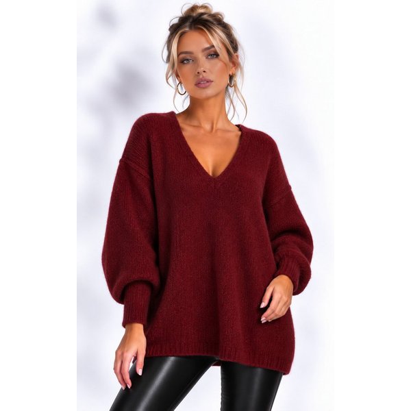 Worldclassca Longpullover WORLDCLASSCA Damen Oversize Strickpulllover Lang Pulli V-Ausschnitt Neue Kollektion - Stilvolle und gemütliche Strickmode für Damen