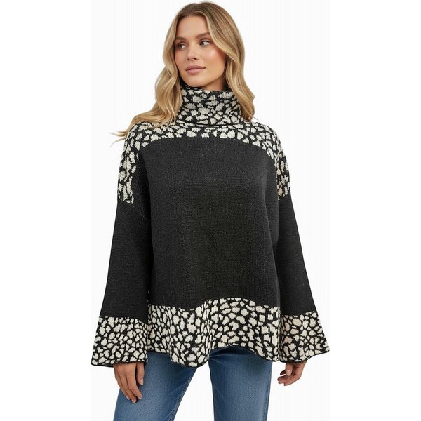 Worldclassca Longpullover WORLDCLASSCA Damen Oversize Strickpulllover Lang Uni + Leopard Muster Neue Kollektion - Stilvolle und gemütliche Strickmode für Damen
