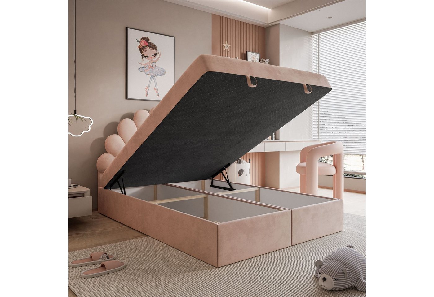 Lookway Boxspringbett ASHLEY Polsterbett mit Muschel-Kopfteil und Bettkasten (Boxspringbett mit Topper), 120/140/160/180/200x200 – Bild 3 von 5