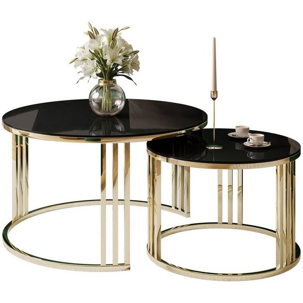 Lookway Couchtisch LORI 2in1 GLASS runder Couchtisch mit gold chrom Gestell (2er Set), Durchmesser: ⌀70 cm und ⌀50 cm,Höhe: 49 cm und 44 cm