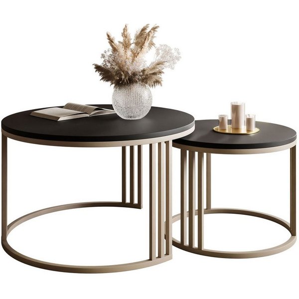 Lookway Couchtisch LORI 2in1 MATT, runder Couchtisch mit kaschmirfarbenem Gestell (2er Set), Durchmesser: ⌀70 cm und ⌀50 cm, Höhe: 49 cm und 44 cm
