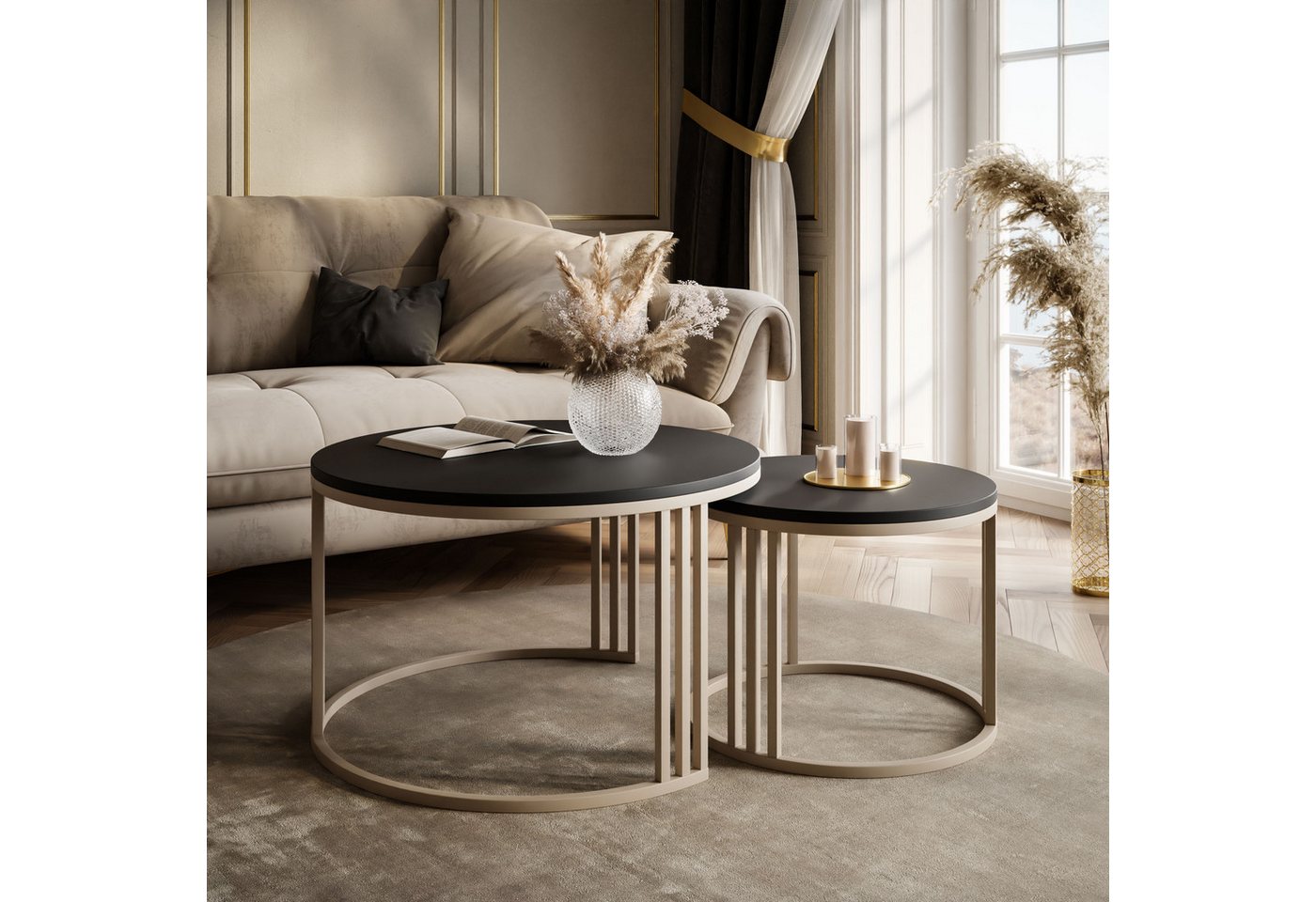 Lookway Couchtisch LORI 2in1 MATT, runder Couchtisch mit kaschmirfarbenem Gestell (2er Set), Durchmesser: ⌀70 cm und ⌀50 cm, Höhe: 49 cm und 44 cm – Bild 2 von 5