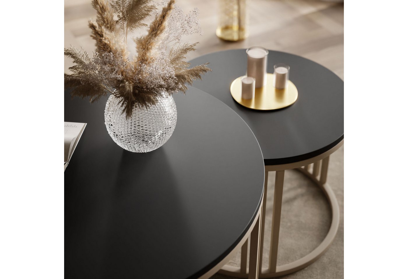 Lookway Couchtisch LORI 2in1 MATT, runder Couchtisch mit kaschmirfarbenem Gestell (2er Set), Durchmesser: ⌀70 cm und ⌀50 cm, Höhe: 49 cm und 44 cm – Bild 3 von 5