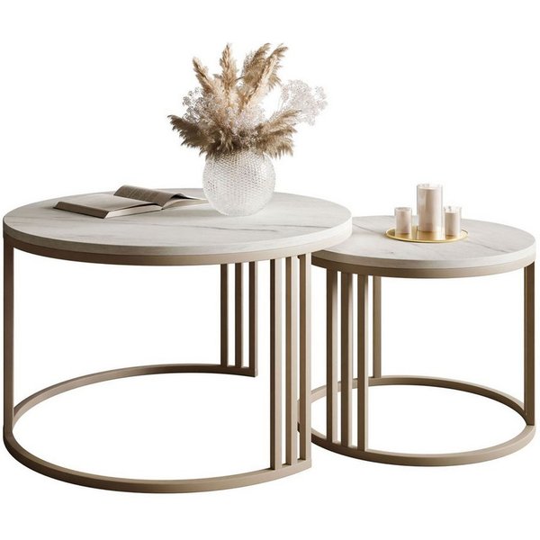 Lookway Couchtisch LORI 2in1 MATT, runder Couchtisch mit kaschmirfarbenem Gestell (2er Set), Durchmesser: ⌀70 cm und ⌀50 cm, Höhe: 49 cm und 44 cm